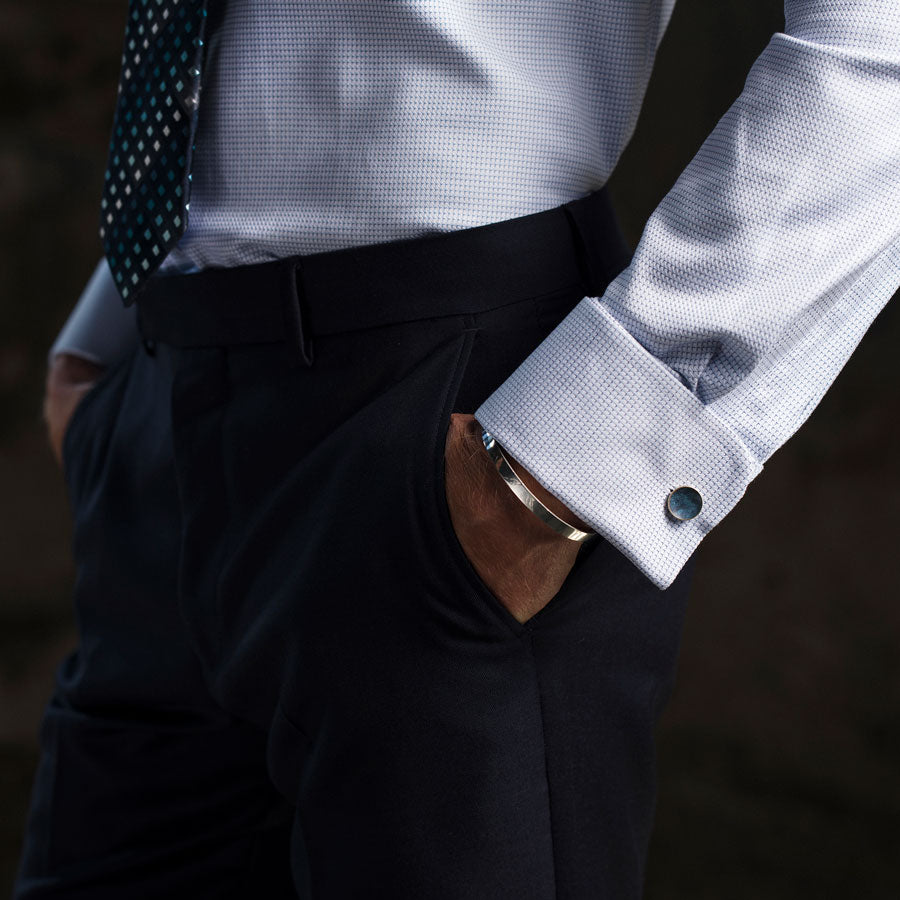 Studio AMT has designed an exclusive pair of cufflinks and a cuff bracelet in collaboration with Esquire. This week we’re excited to introduce the Bayley Esquire blue cufflinks and the Alexander brass bracelet as part of the Esquire Edit, available exclus